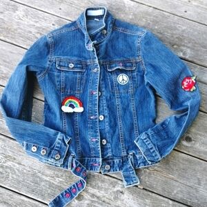 Jacob Jr. Girls jean jacket with peace and rainbow patches . Size large. EUC